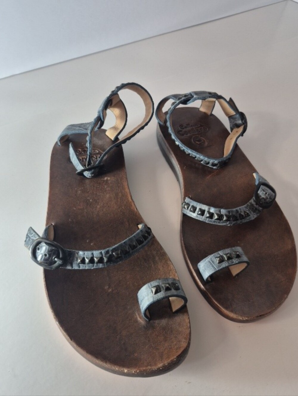 Colleen Cordero Leather Sandals Women Sz 6 Studded Toe Ring Croc Embossed Boho